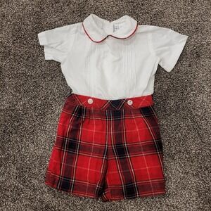 Rachael Riley Boys 12M White Pleated Shirt Red Plaid Shorts Outfit Set